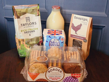 A Dorset complimentary starter pack containing fresh coffee, tea, sugar, fresh milk and biscuits